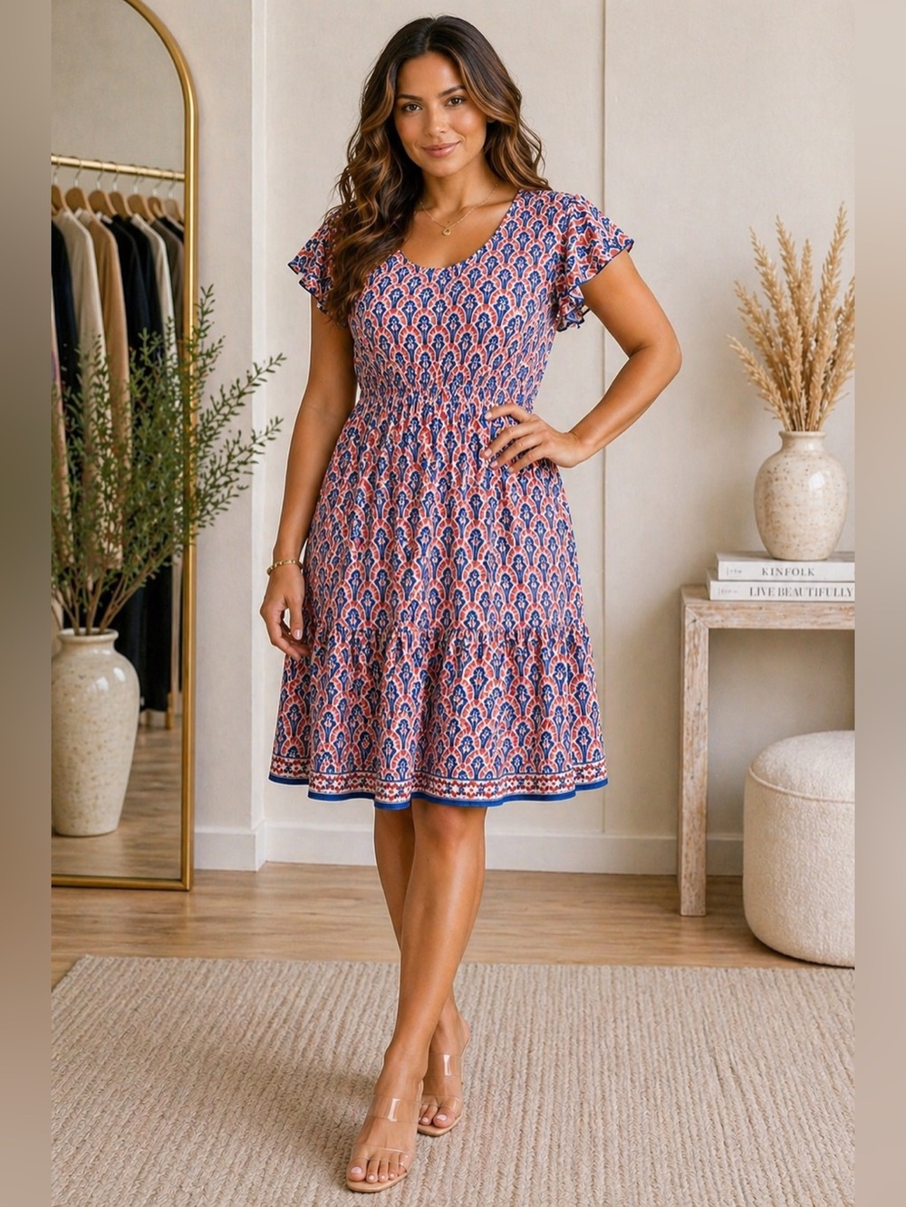 🔥5/$30🔥 Blue and Coral Printed Flutter-Sleeve Tiered Dress | Max Studio | Size M